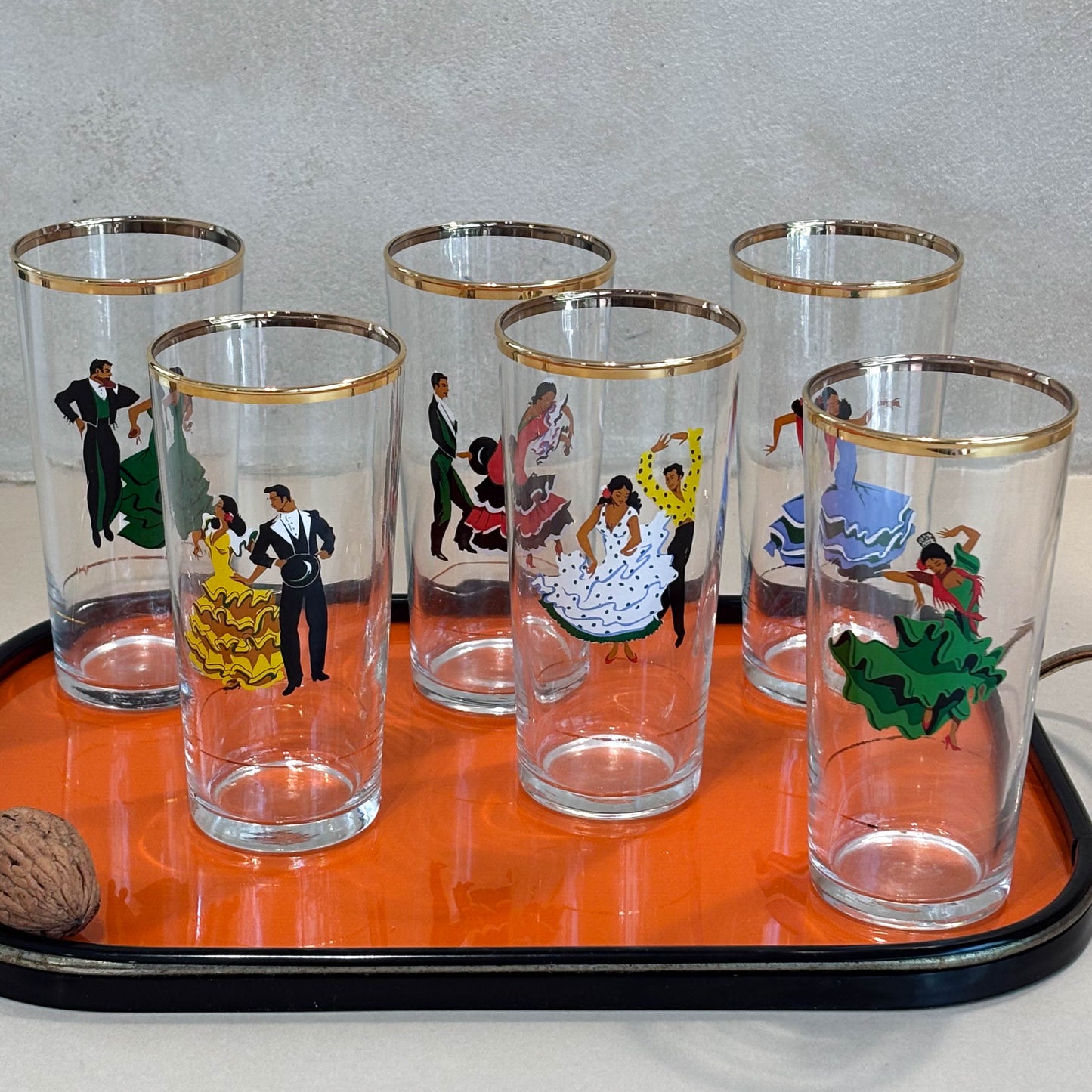 JUEGO DE 6 VASOS DE CRISTAL-BAILAORES DE FLAMENCO.