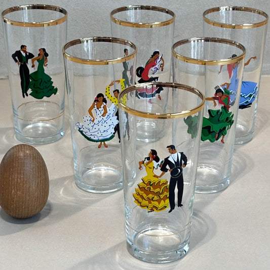 JUEGO DE 6 VASOS DE CRISTAL-BAILAORES DE FLAMENCO.
