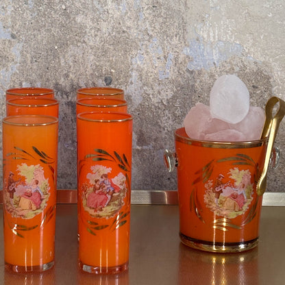 SET DE CUBITERA CON PINZAS DE LATÓN Y 6 VASOS DE CRISTAL. ESTILO ROCOCÓ.