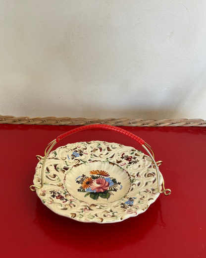 CESTA-PLATO VINTAGE DE MAYÓLICA CON ASA.