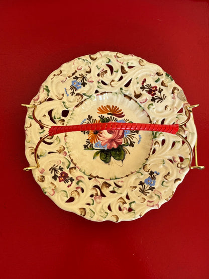 CESTA-PLATO VINTAGE DE MAYÓLICA CON ASA.