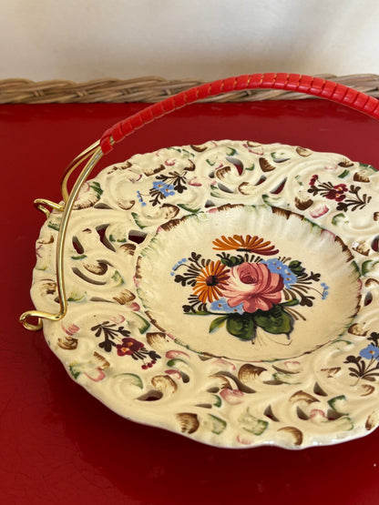 CESTA-PLATO VINTAGE DE MAYÓLICA CON ASA.