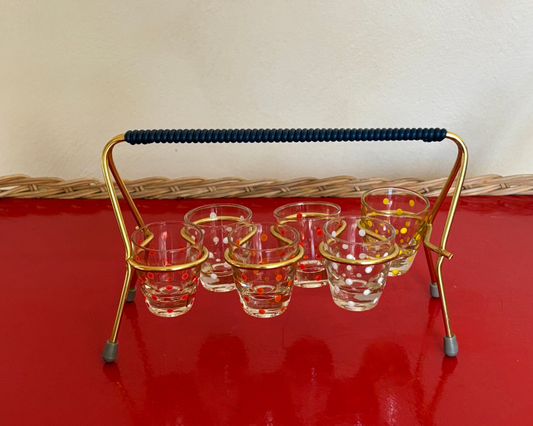 6 VASOS DE CHUPITO VINTAGE CON  SU SOPORTE ORIGINAL.