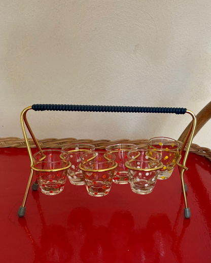 6 VASOS DE CHUPITO VINTAGE CON  SU SOPORTE ORIGINAL.