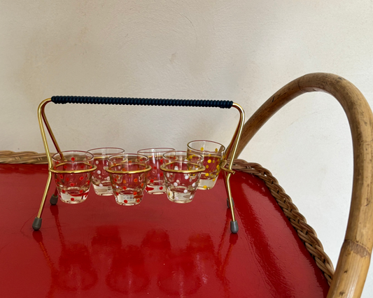 6 VASOS DE CHUPITO VINTAGE CON  SU SOPORTE ORIGINAL.