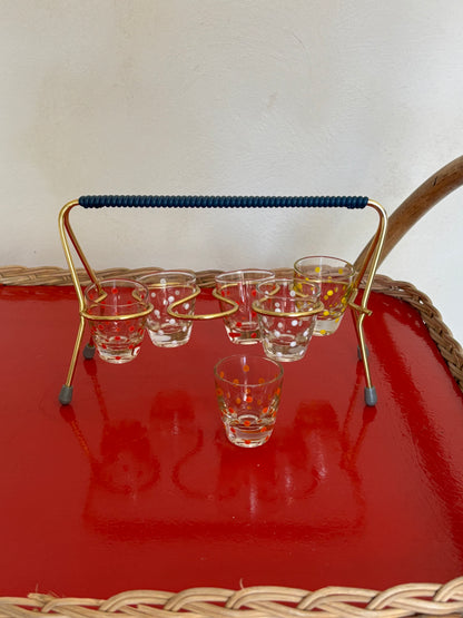 6 VASOS DE CHUPITO VINTAGE CON  SU SOPORTE ORIGINAL.