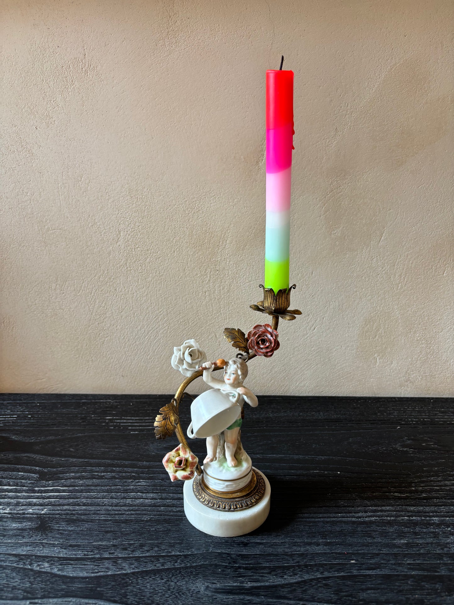 CANDELABRO ANTIGUO PORCELANA-BRONCE.