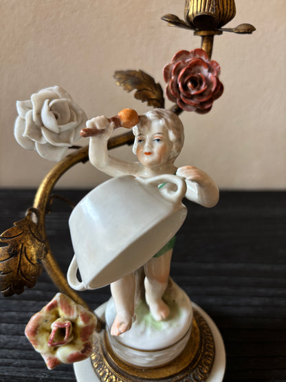 CANDELABRO ANTIGUO PORCELANA-BRONCE.