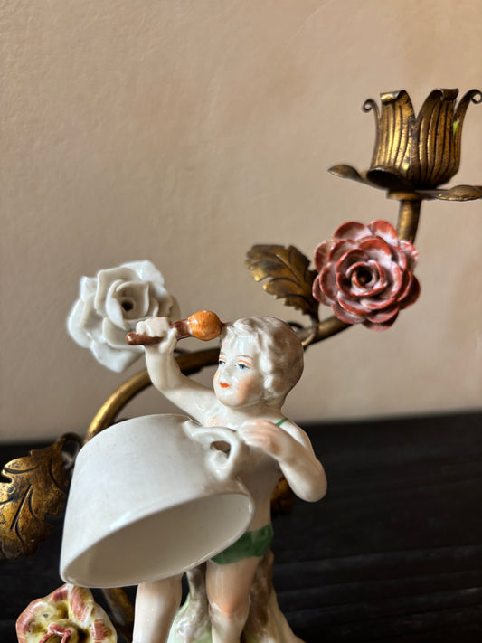 CANDELABRO ANTIGUO PORCELANA-BRONCE.